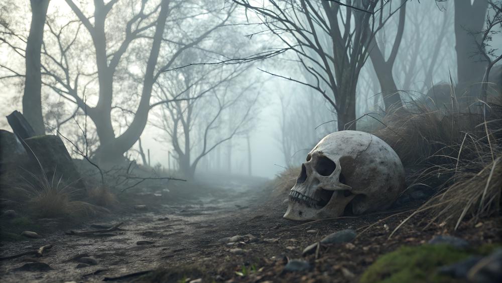 Misty Woodland Haunting with Skull and Fog wallpaper