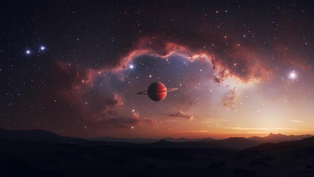 Ethereal Rings Over Alien Landscape wallpaper