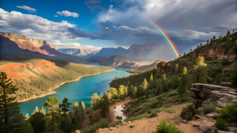 Rainbow Over Serene Canyon River wallpaper