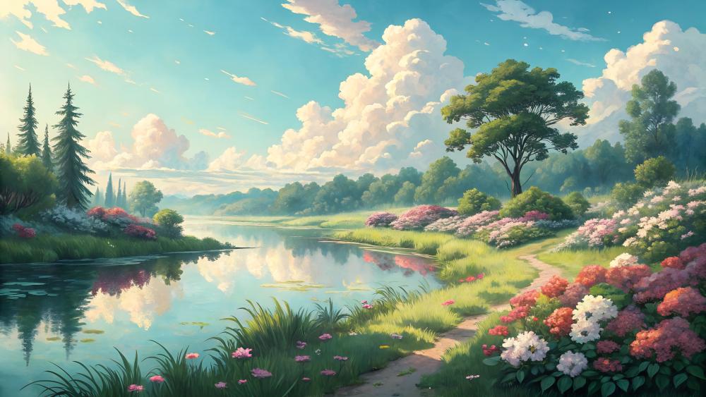 Serene Anime Landscape by the River wallpaper