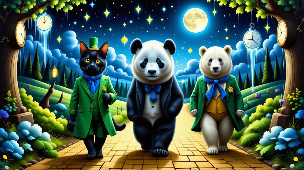 Whimsical Walk: Cat Wiz and Bear Pals in 4K Magic wallpaper