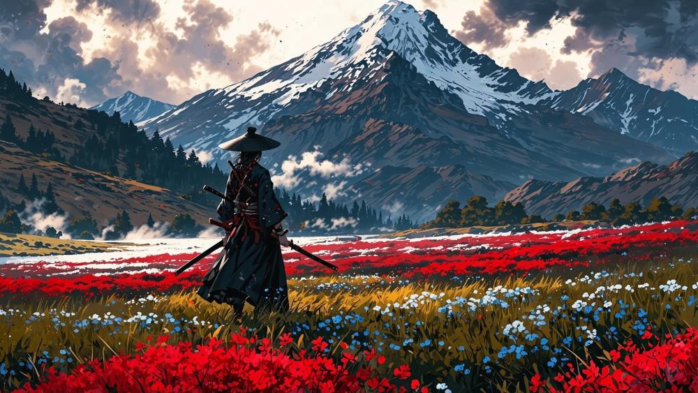 Samurai's Journey Through Blossoming Fields wallpaper