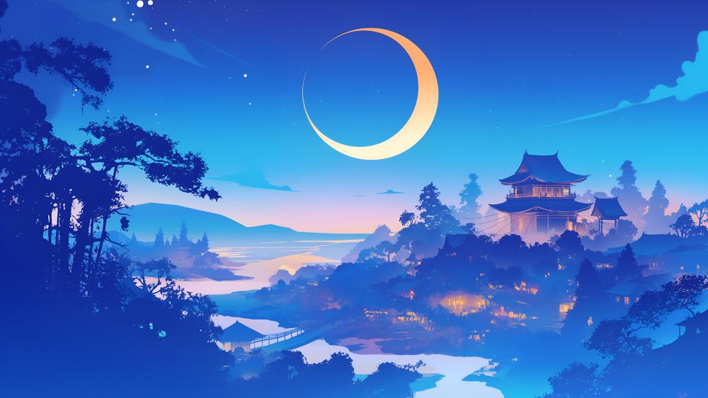 Anime Moonlit Serenity in Oriental Art Style wallpaper