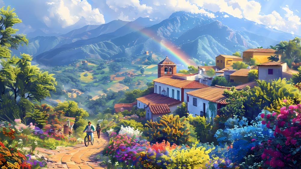 Mountain Village Dreamscape in Vivid Colors wallpaper