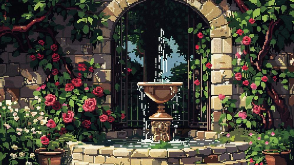 Enchanted Garden Oasis in Pixel Art wallpaper