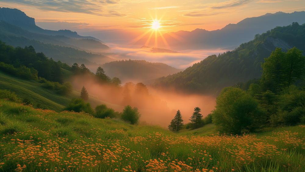 Sunrise Over Serene Mountain Wilderness wallpaper