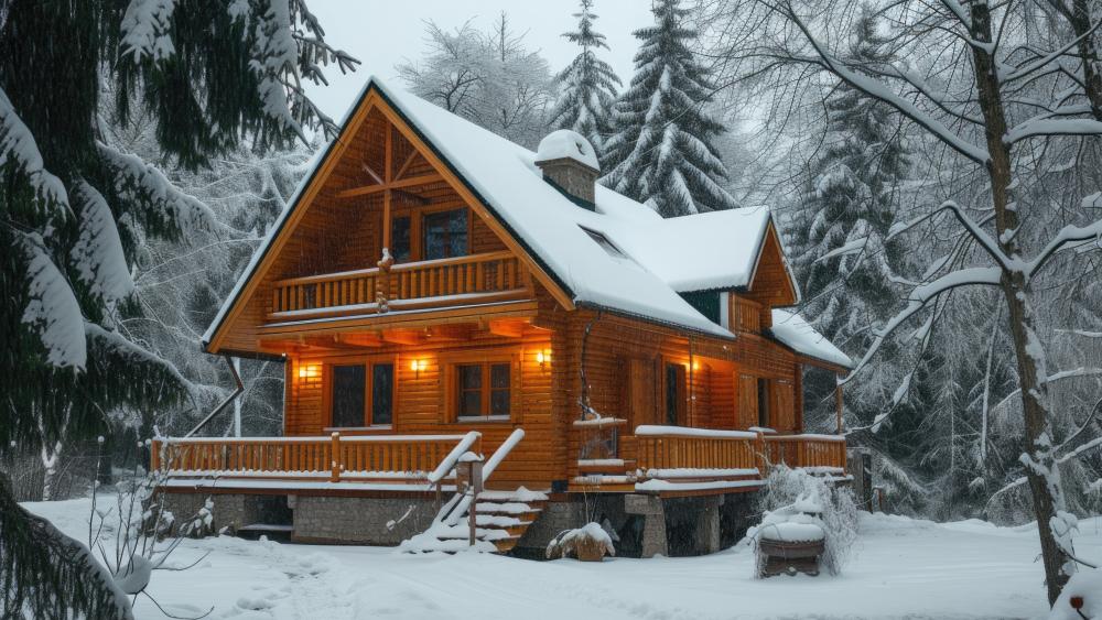 Winter Cabin Retreat in Snowy Forest wallpaper