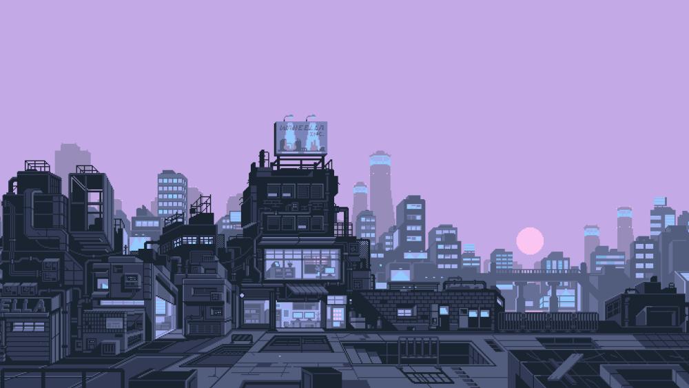 Futuristic Pixel Cityscape at Dusk wallpaper