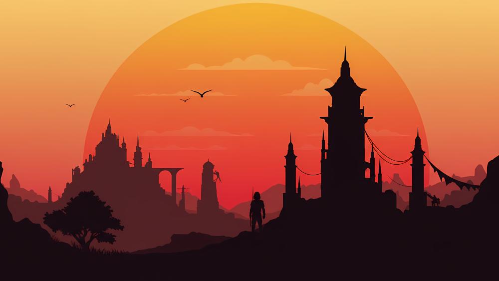 Fantasy Sunset Over Ancient Structures wallpaper