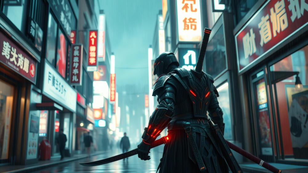 Futuristic Samurai in Neon-Lit Cityscape wallpaper