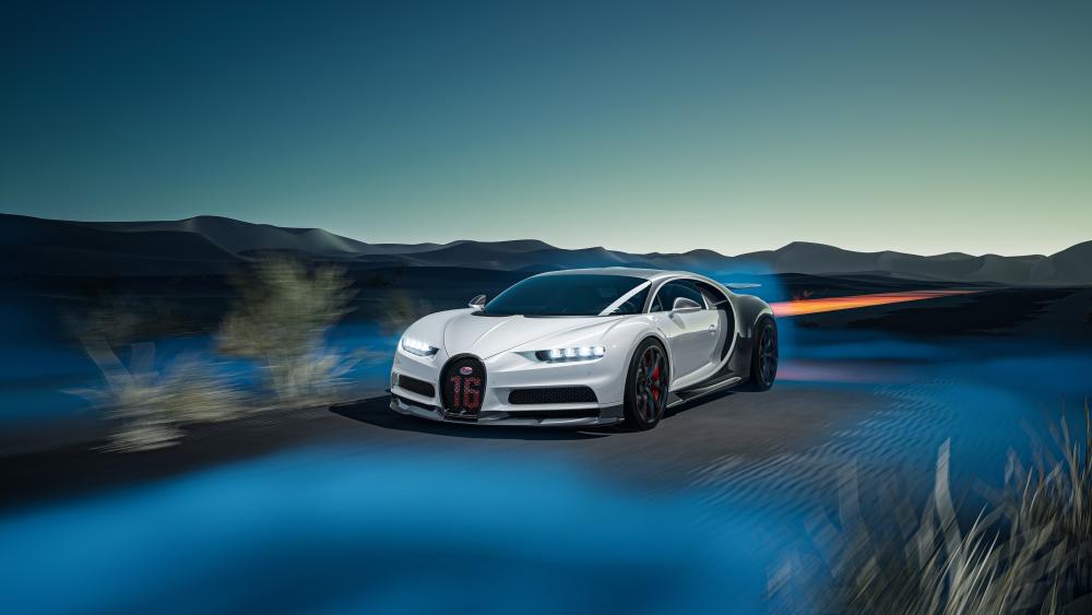 Bugatti Chiron Races Through Desert Evening wallpaper