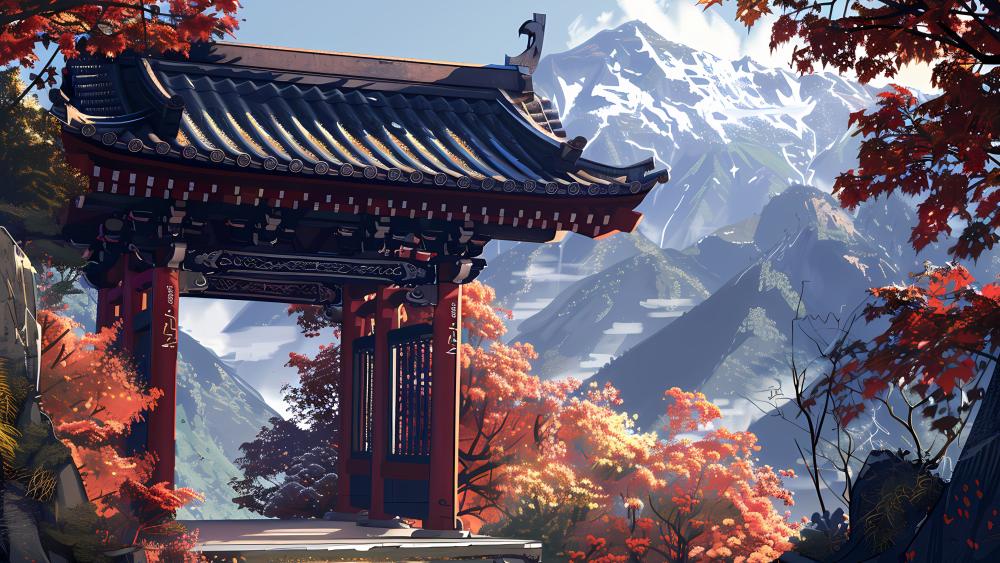 Anime Temple in Vibrant Autumn Scene wallpaper