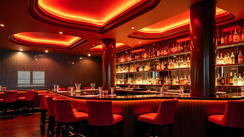 Sophisticated Elegance A Red-Hued Bar Ambience wallpaper