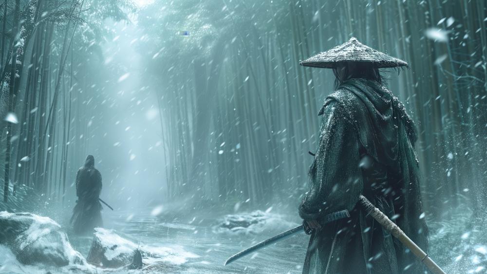 Samurai Duel in a Snowy Forest wallpaper