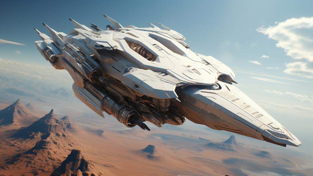 Futuristic Spaceship Gliding Over Alien Landscape wallpaper