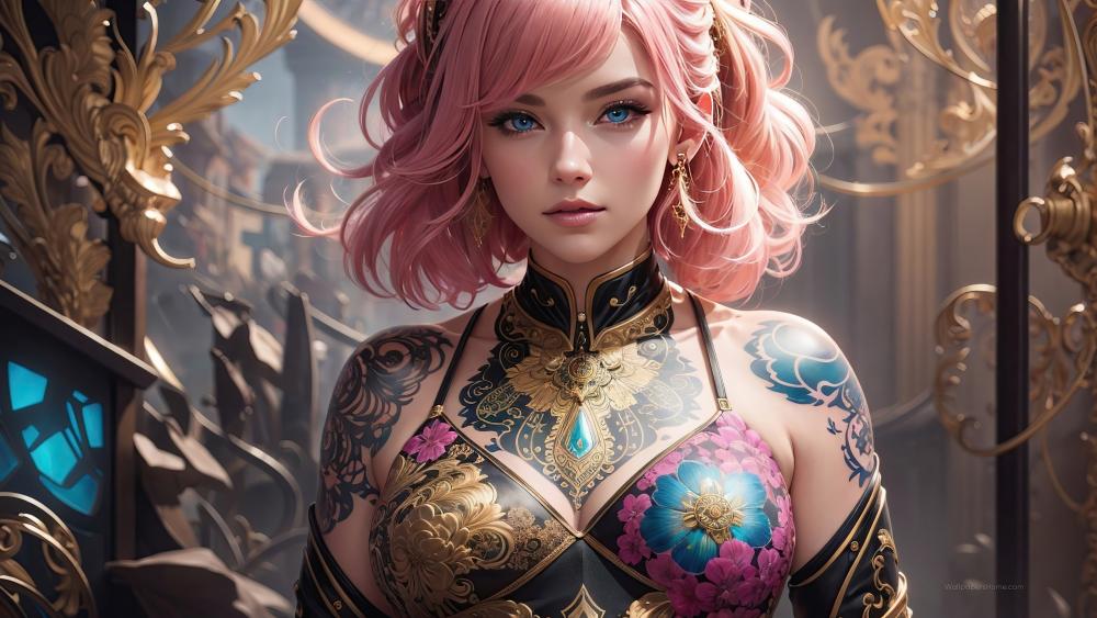 Pink-Haired Enchantress in a Futuristic Realm wallpaper