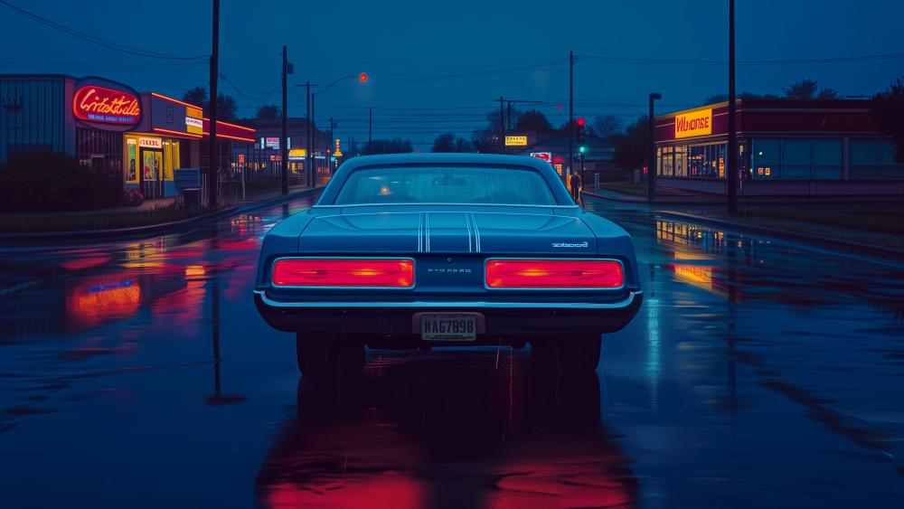 Vintage Muscle Car Roaming Neon Streets at Night wallpaper