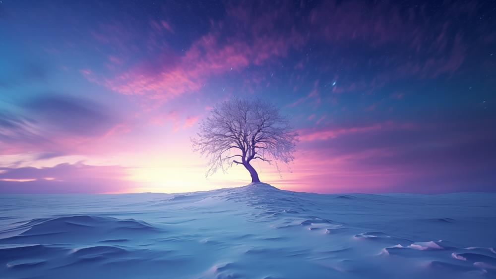 Serene Winter Night with Lone Tree wallpaper