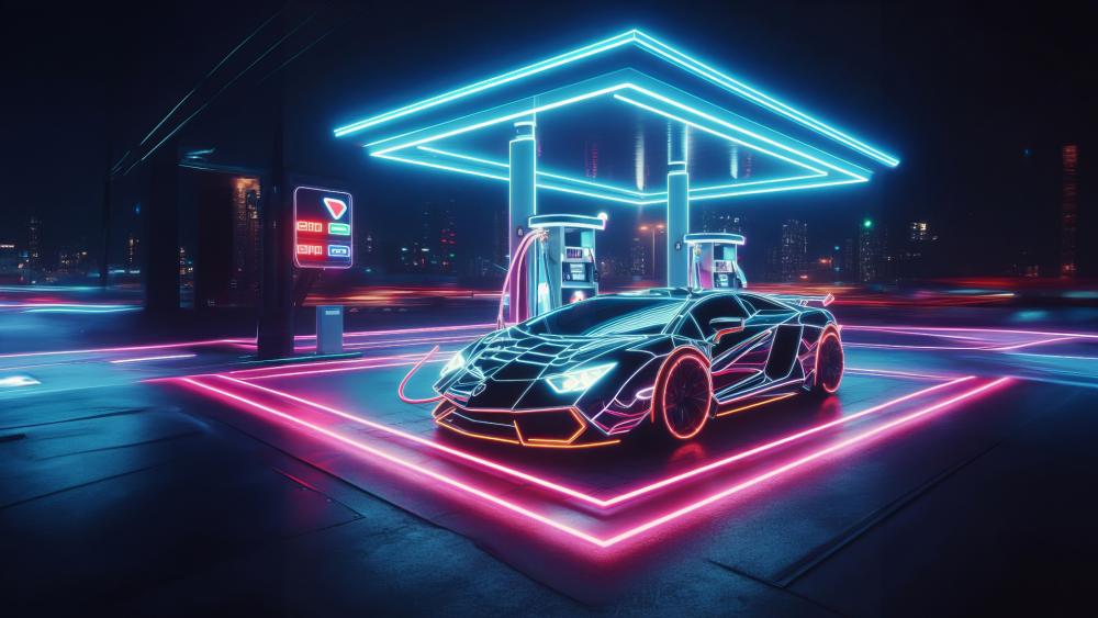 Neon Dreamscape Lamborghini at Futuristic Fuel Station wallpaper