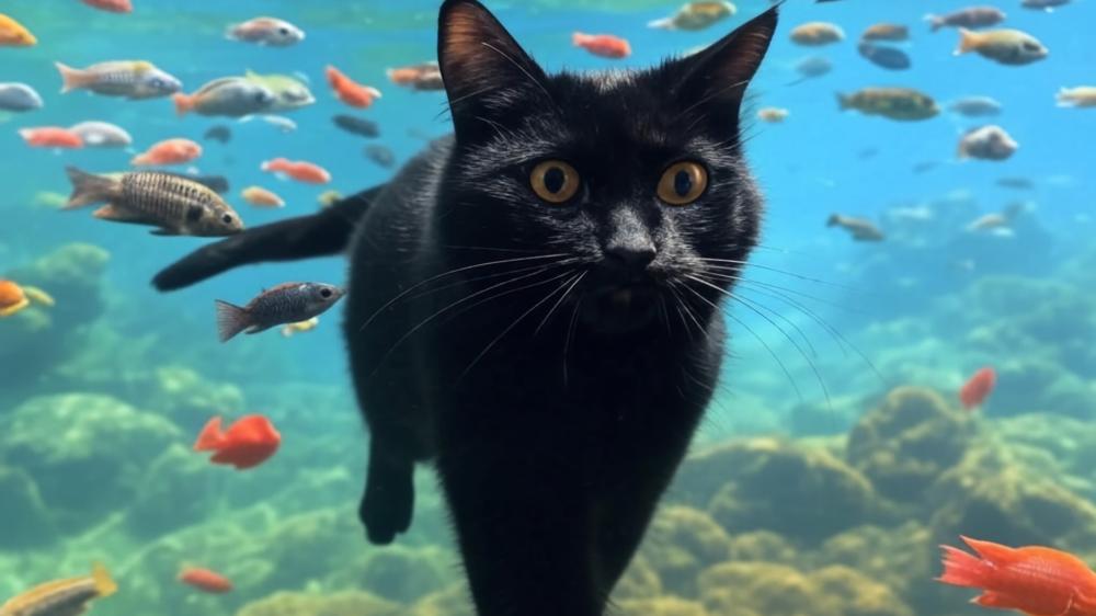 Underwater Adventure with a Black Cat and Fish Frenzy wallpaper