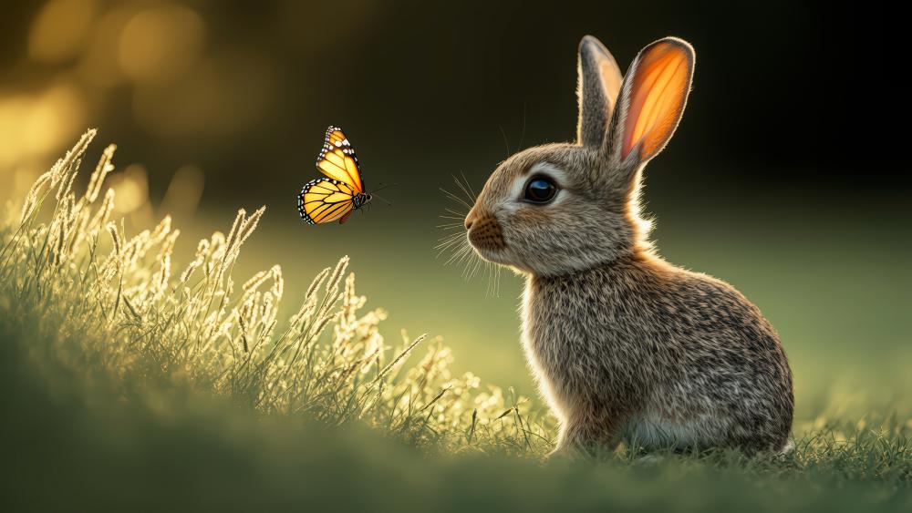 A cute rabbit and a butterfly on the grass wallpaper