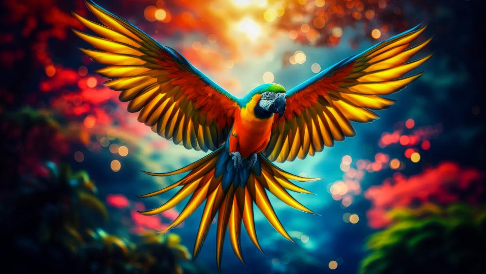 A colorful Macaw on flight wallpaper