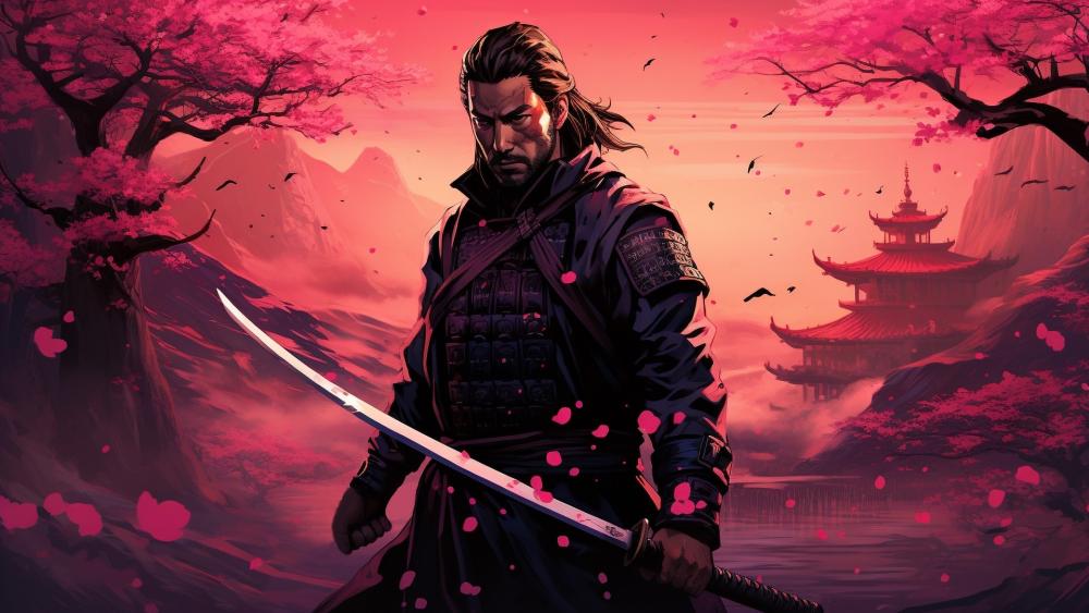 Samurai's Shadow in Cherry Blossom Twilight wallpaper