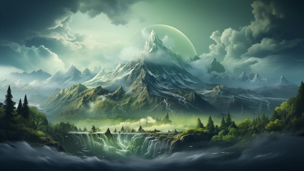 Mystical Mountain Realm with Waterfall and Alien World wallpaper