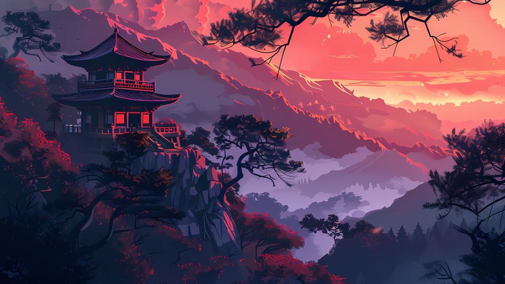 Tranquil Pagoda at Sunset in Pink Hues wallpaper