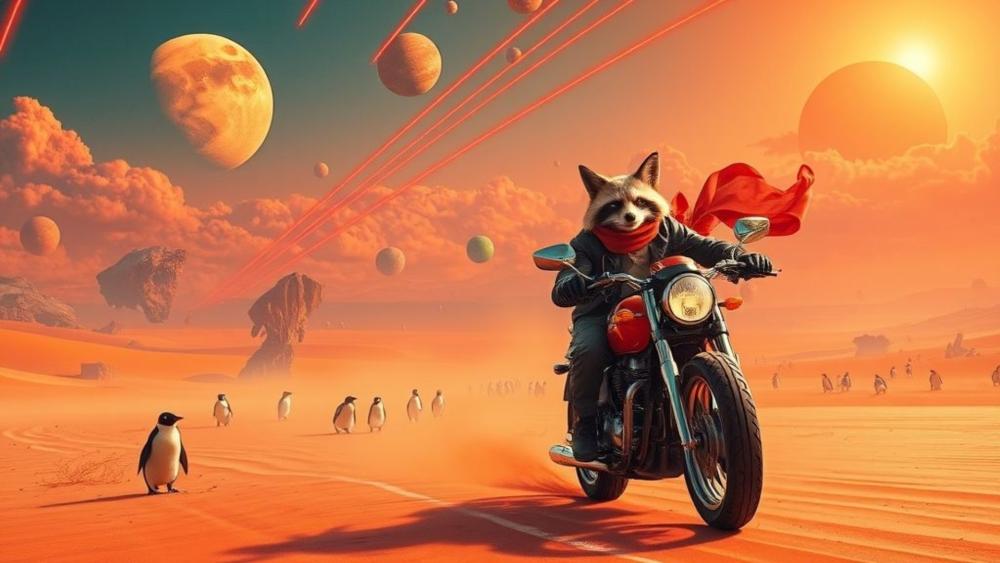 Fox Rides through Penguin-Studded Desert Adventure wallpaper