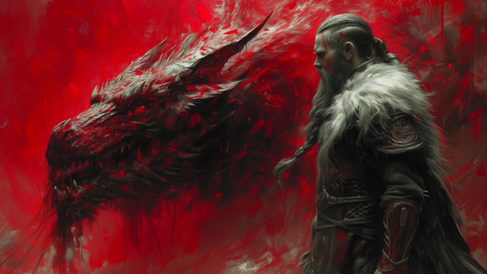 Epic Viking and Fierce Dragon Clash in Red Realm wallpaper