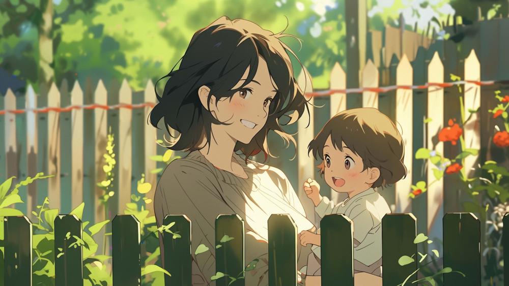 Anime Mother and Child in a Serene Garden wallpaper