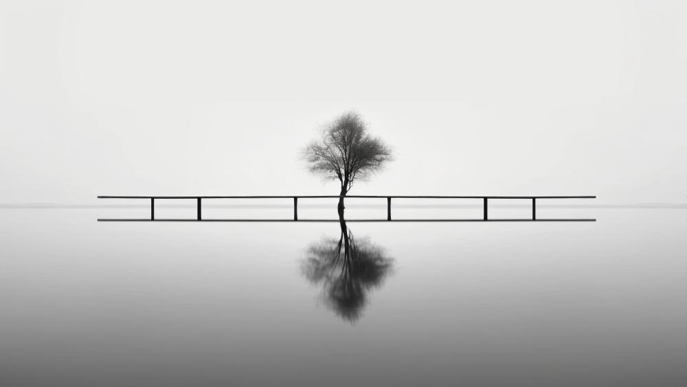 Solitary Tree in Serene Monochrome Reflection wallpaper