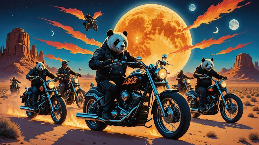 Biker Pandas under a Fiery Moonlit Sky wallpaper