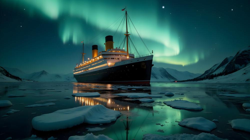 Aurora Voyage: A Majestic Ship Under Polar Lights wallpaper