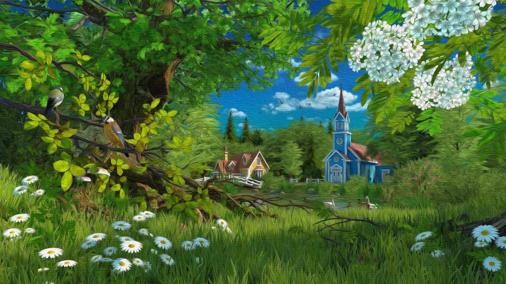 Idyllic Summer Chapel in a Countryside Village wallpaper