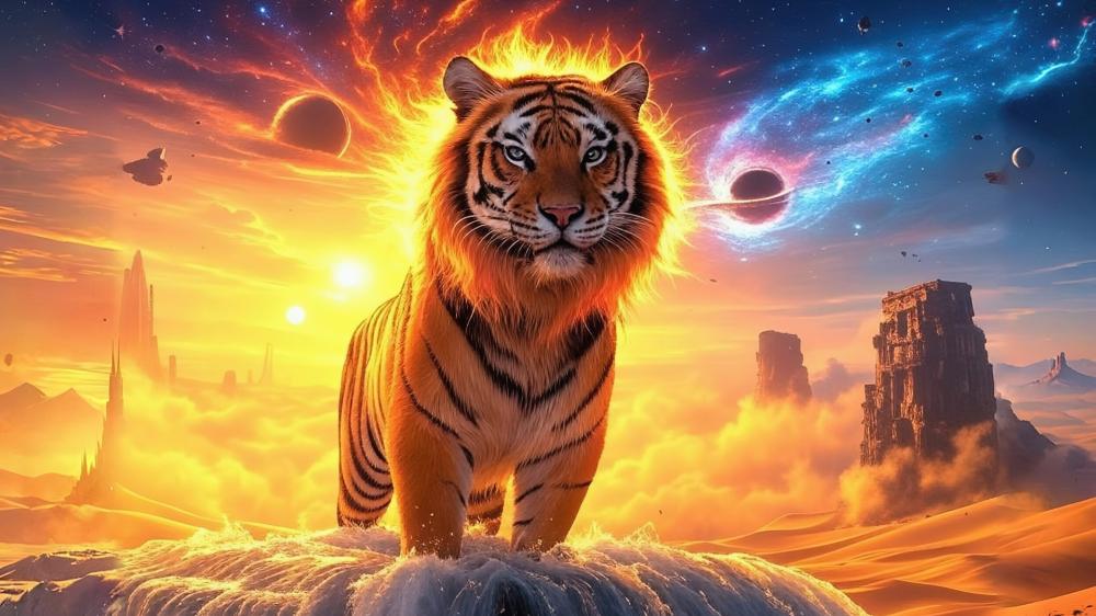 Fiery Celestial Tiger in a Fantasy Realm wallpaper