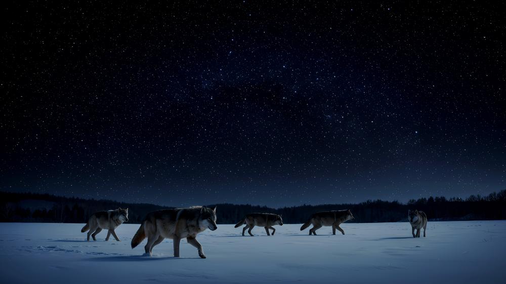 Midnight Wolfpack Under Moonlit Winter Sky wallpaper