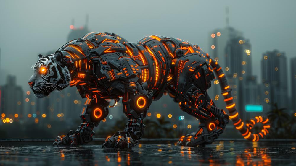 Futuristic Tiger in Rainy Metropolis wallpaper