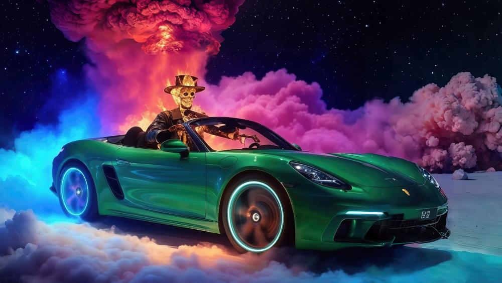 Green Car With Skeleton wallpaper