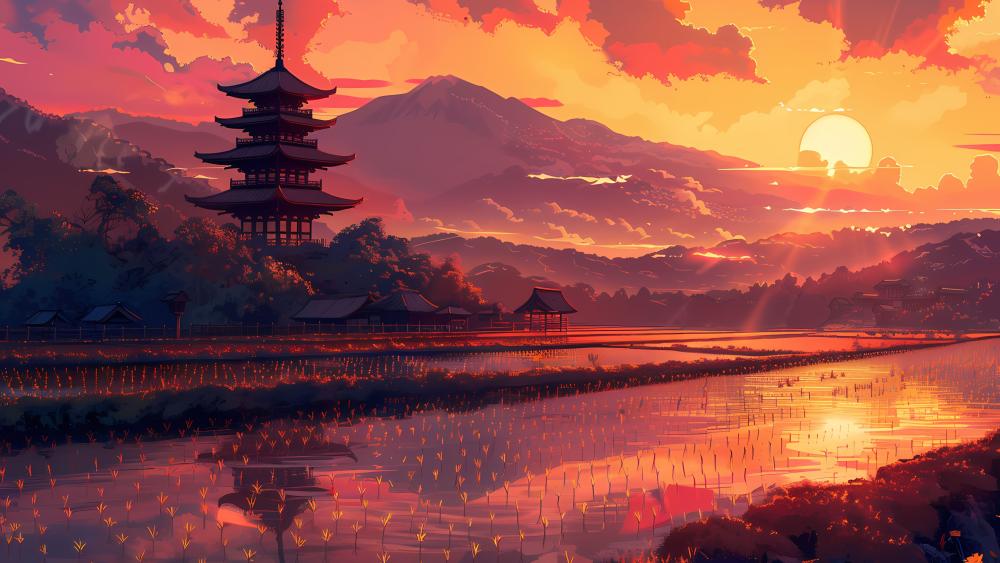 Serene Sunset in Anime Pagoda Landscape wallpaper