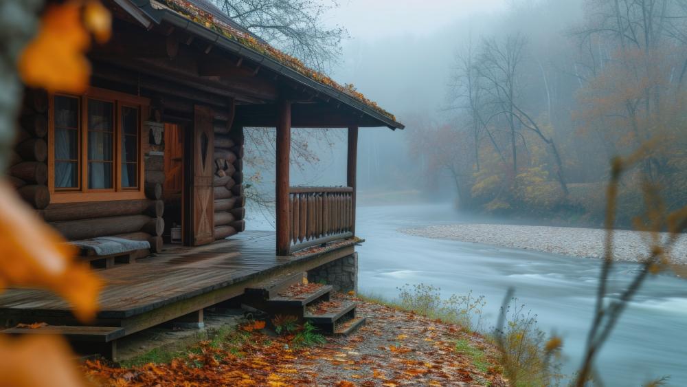 Enchanting Log Cabin by a Misty River wallpaper