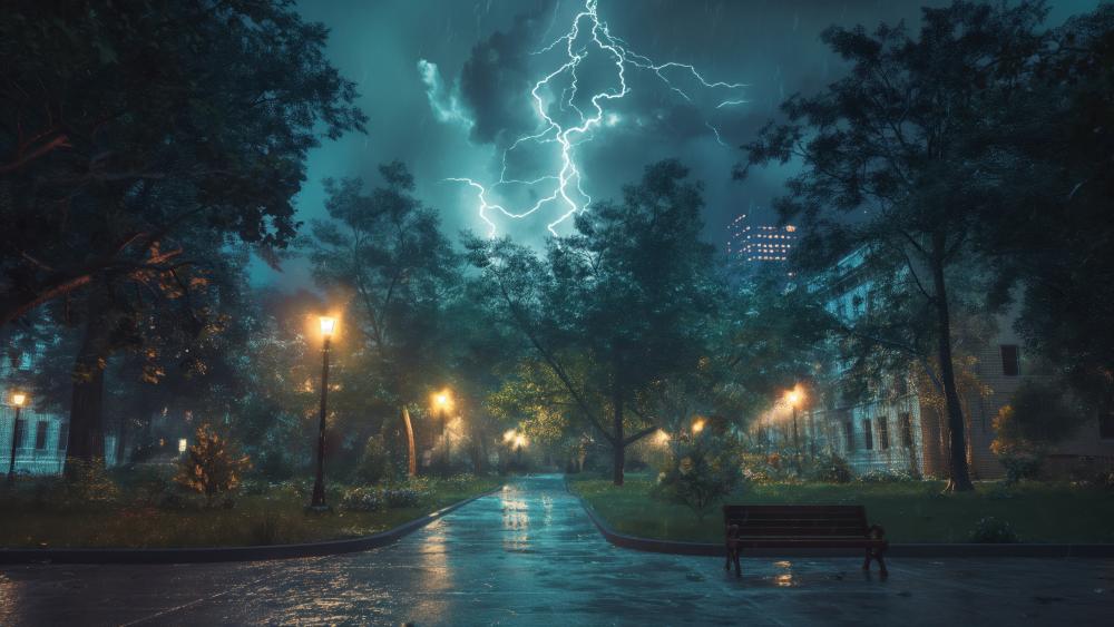 Dramatic Evening Storm in Urban Park wallpaper