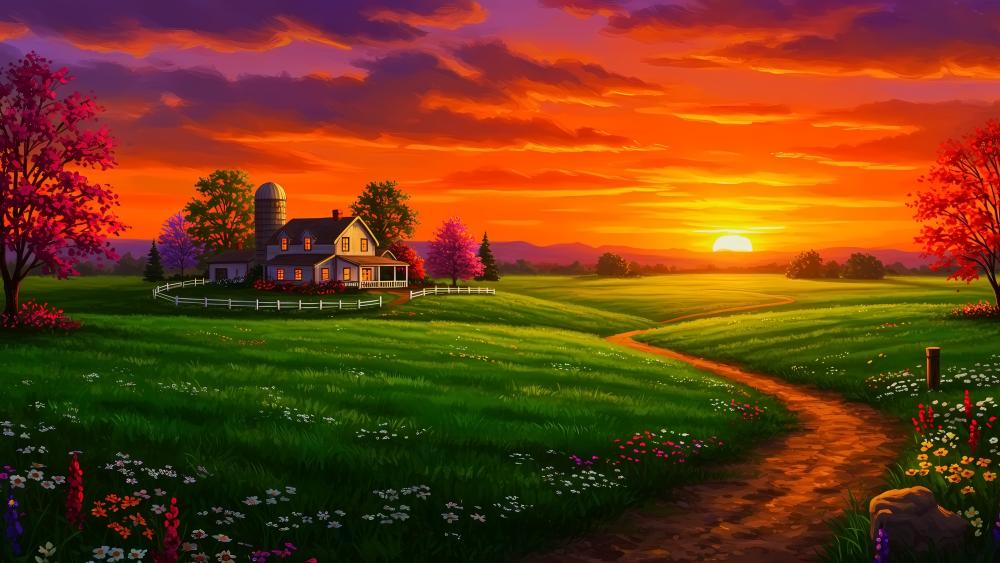 Sunset Serenity in a Fantasy Farm Landscape wallpaper