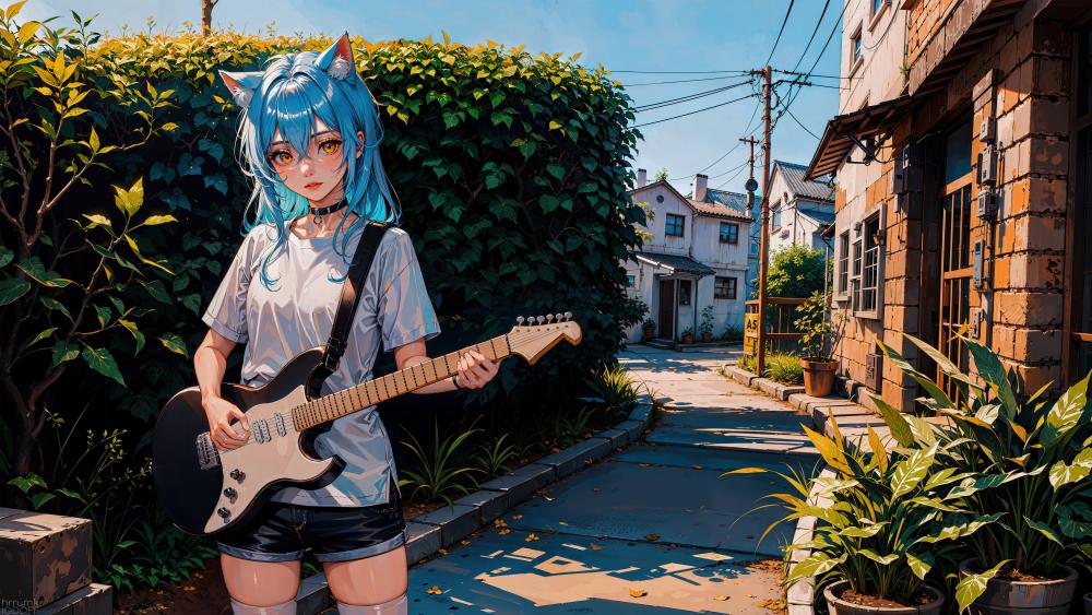 Blue-Haired Nekomimi Guitarist in Sunlit Street Scene wallpaper