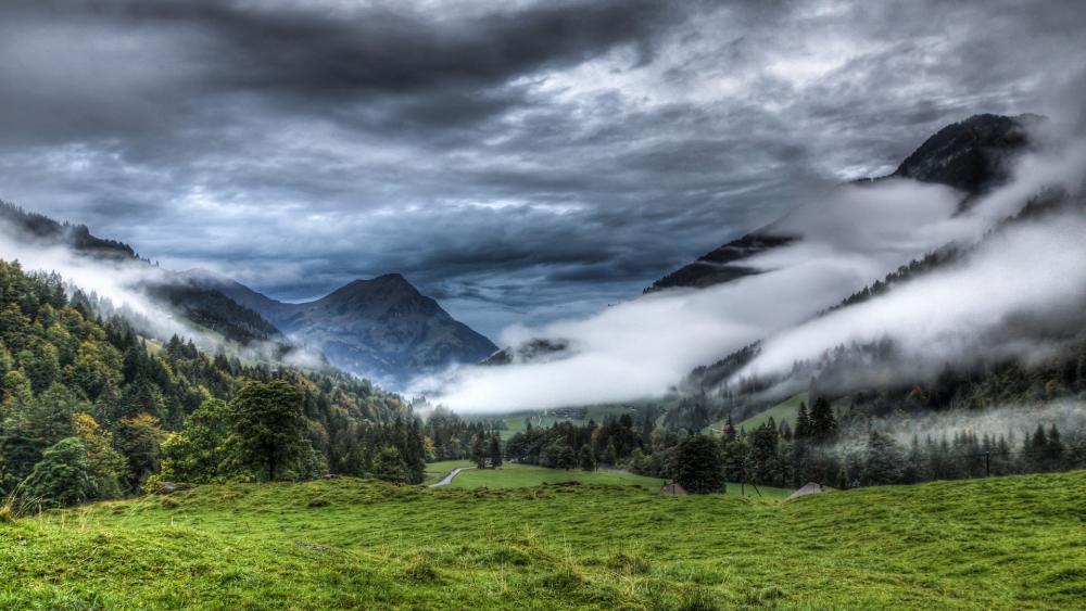 Foggy Valley Amidst Majestic Mountains wallpaper