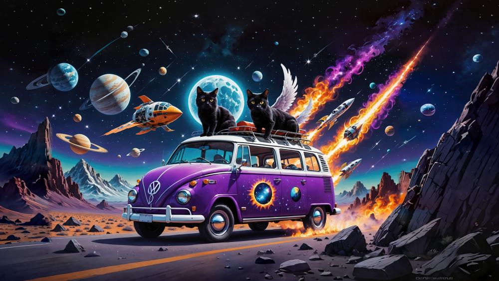 Black Cats In A Purple VW Bus wallpaper