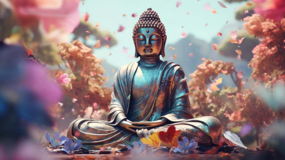 Serene Buddha Amidst Enchanted Blooms wallpaper