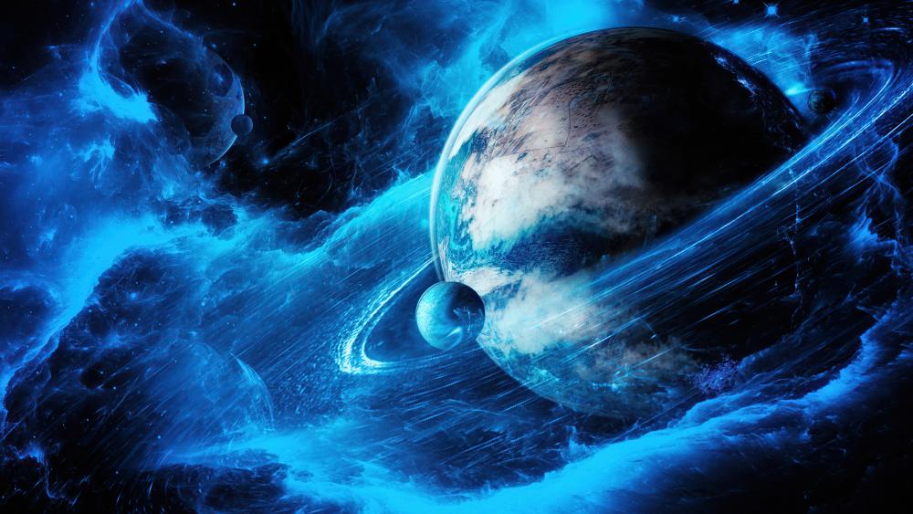 Mystical Blue Cosmos and Ringed Planet Adventure wallpaper