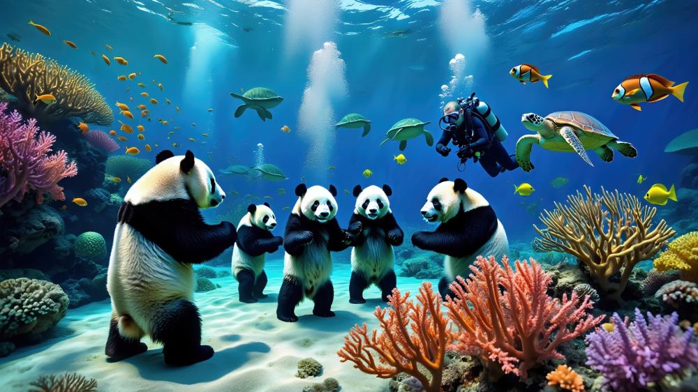 Underwater Pandas in a Fantastical Ocean Realm wallpaper